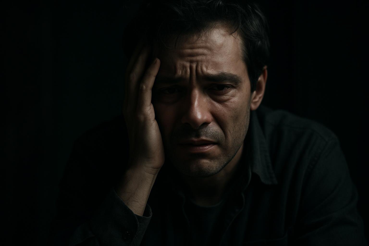 Close de personagem angustiado em filme psicológico